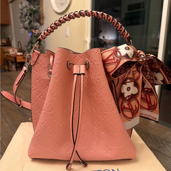 Private Label Handbags - LV Muria Embossed Pink Bucket Bag Branded Handle, Jasmin Monogram Crossbody New
